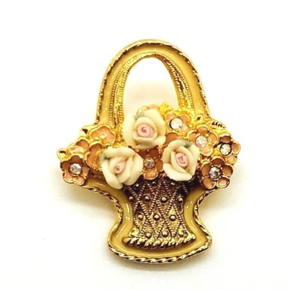 1928 Flower Basket Brooch Enamel Iridescent Crystals Porcelain Gold Tone Vintage